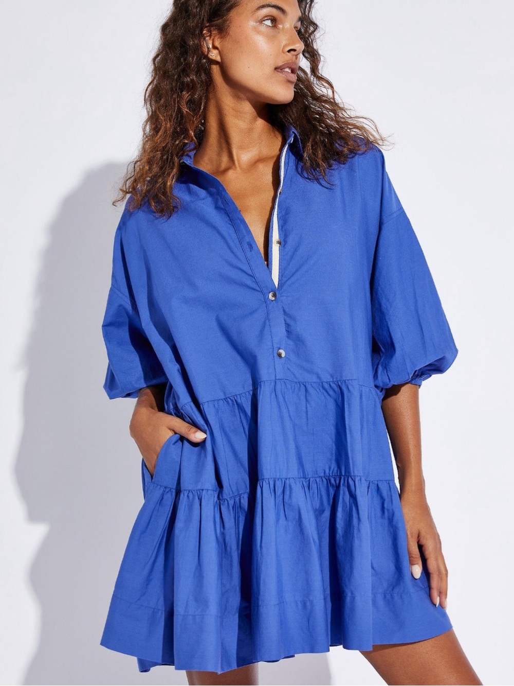 Free People Misha Tiered Mini Dress Button Front Babydoll Cobalt Blue Size Small